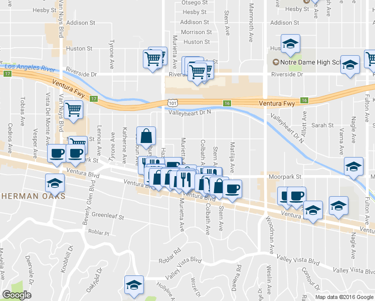 map of restaurants, bars, coffee shops, grocery stores, and more near 4457 Murietta Avenue in Los Angeles
