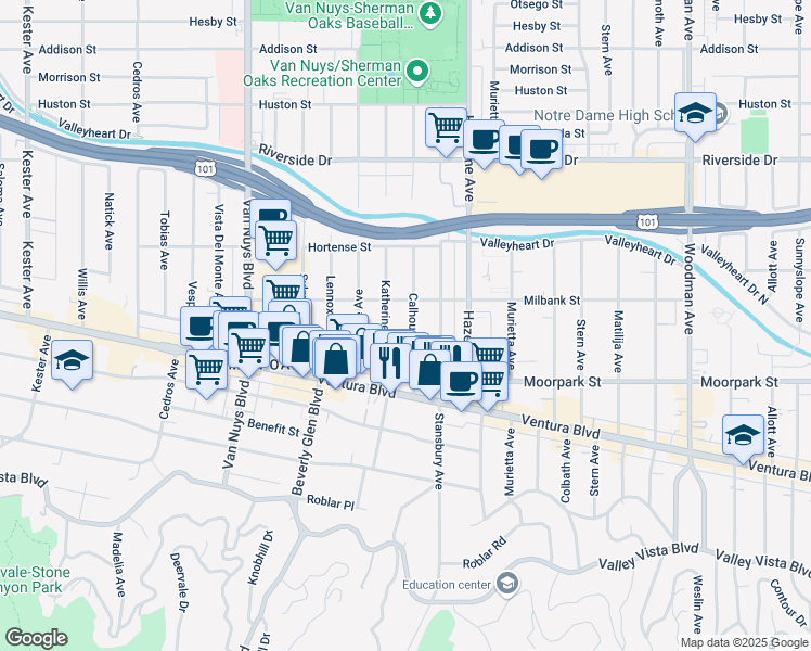 map of restaurants, bars, coffee shops, grocery stores, and more near 4440 Katherine Avenue in Los Angeles