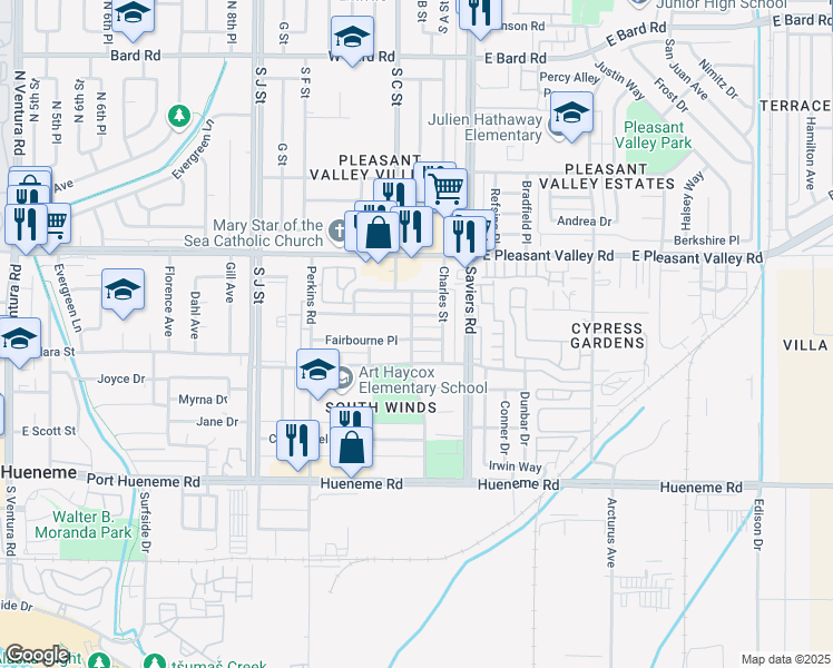 map of restaurants, bars, coffee shops, grocery stores, and more near 230 Chester Way in Oxnard