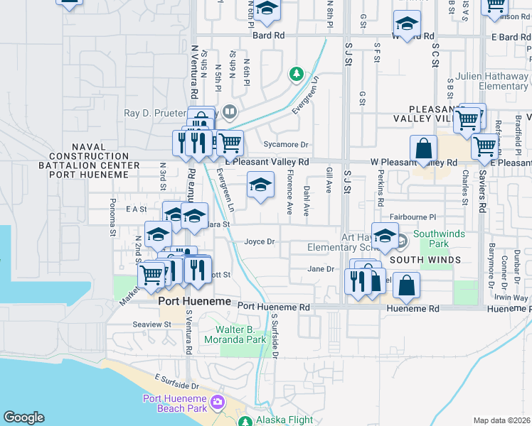map of restaurants, bars, coffee shops, grocery stores, and more near 603 East Clara Street in Port Hueneme