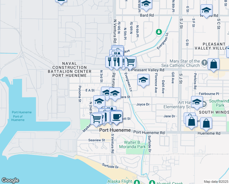 map of restaurants, bars, coffee shops, grocery stores, and more near 425 North 5th Street in Port Hueneme