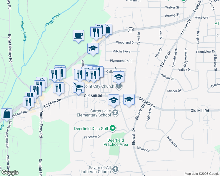 map of restaurants, bars, coffee shops, grocery stores, and more near 15 Greenway Lane in Cartersville