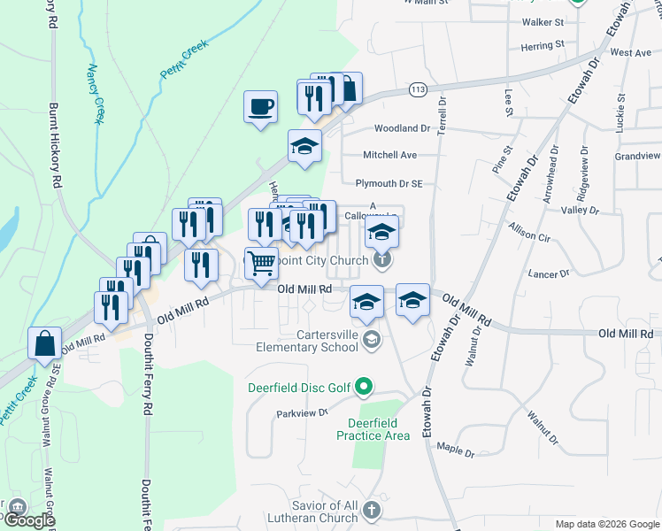 map of restaurants, bars, coffee shops, grocery stores, and more near 14 Courtyard Lane in Cartersville