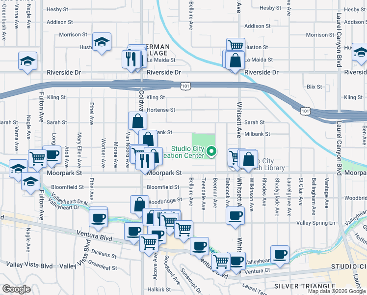 map of restaurants, bars, coffee shops, grocery stores, and more near 12727 Landale Street in Los Angeles