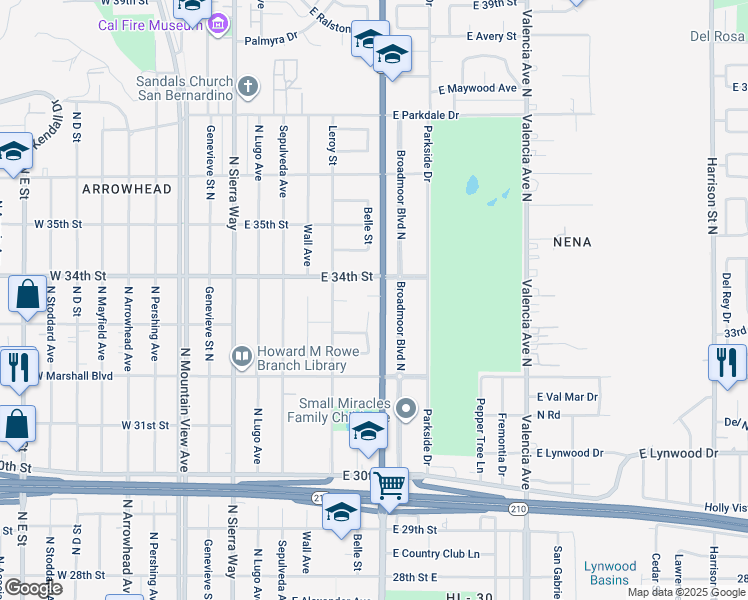 map of restaurants, bars, coffee shops, grocery stores, and more near 295 East Edgehill Road in San Bernardino