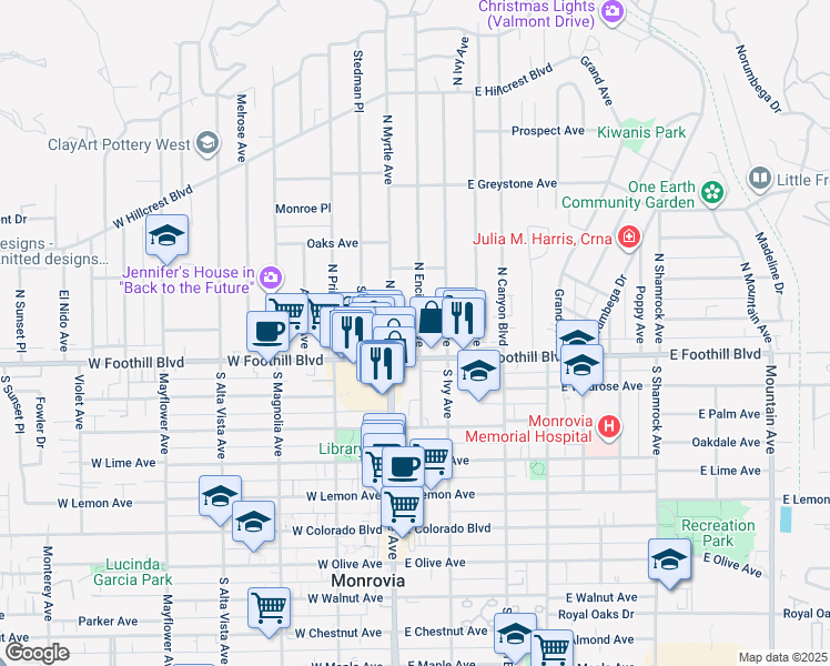 map of restaurants, bars, coffee shops, grocery stores, and more near 123 North Encinitas Avenue in Monrovia