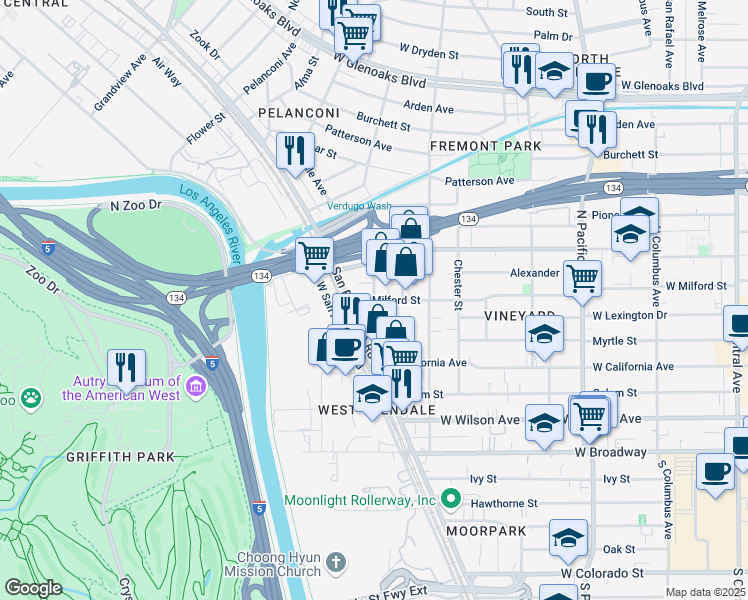 map of restaurants, bars, coffee shops, grocery stores, and more near 824 West Milford Street in Glendale