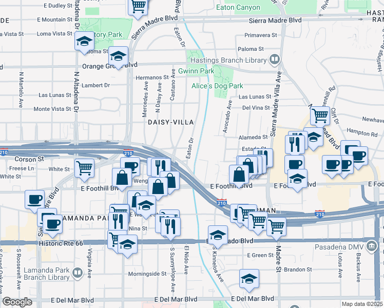 map of restaurants, bars, coffee shops, grocery stores, and more near 340 Eaton Drive in Pasadena