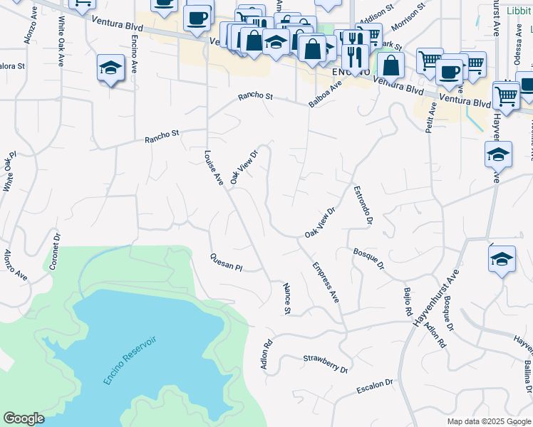 map of restaurants, bars, coffee shops, grocery stores, and more near 17072 Oak View Drive in Los Angeles