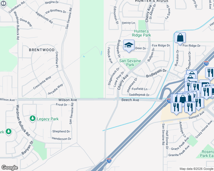 map of restaurants, bars, coffee shops, grocery stores, and more near 5610 Stagecoach Drive in Fontana