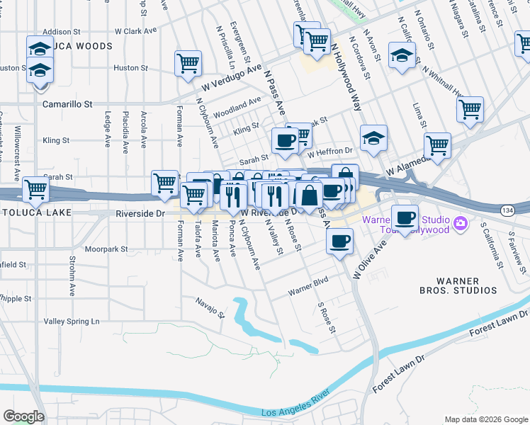 map of restaurants, bars, coffee shops, grocery stores, and more near Riverside Dr & N Valley St in Burbank