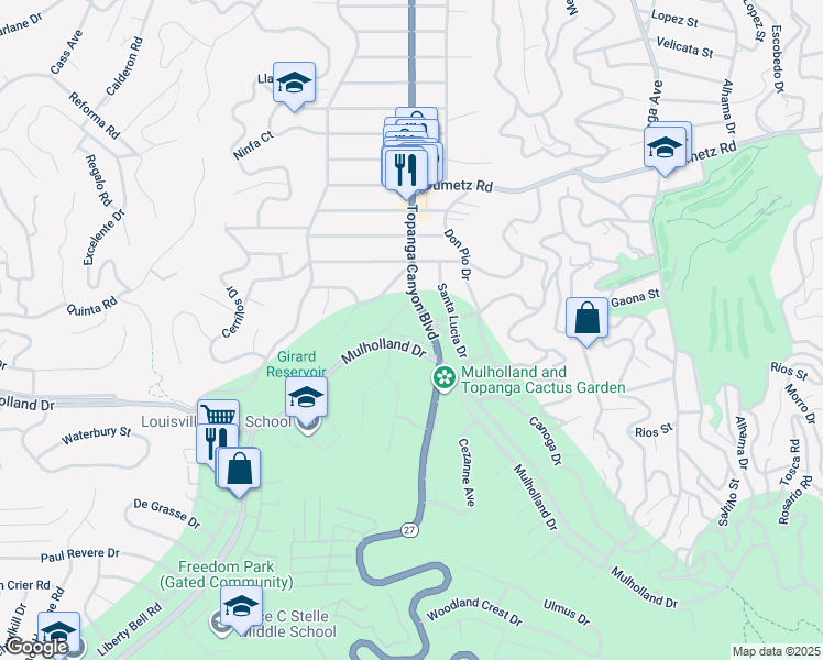 map of restaurants, bars, coffee shops, grocery stores, and more near 22029 Mulholland Way in Los Angeles