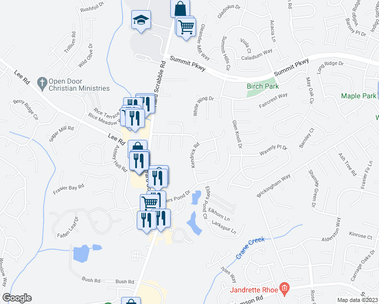 map of restaurants, bars, coffee shops, grocery stores, and more near 207 Kendrick Road in Columbia