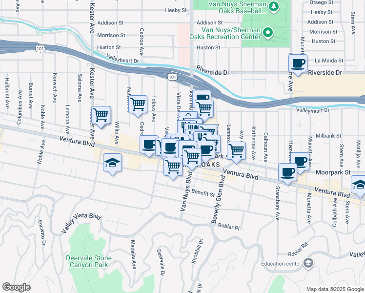 map of restaurants, bars, coffee shops, grocery stores, and more near 4438 Vista Del Monte Avenue in Los Angeles