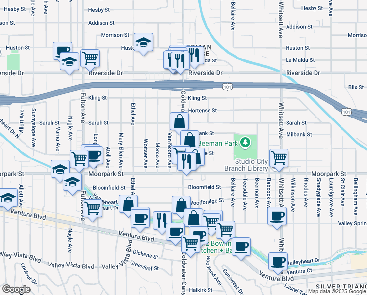 map of restaurants, bars, coffee shops, grocery stores, and more near Coldwater Canyon Avenue & Landale Street in Los Angeles