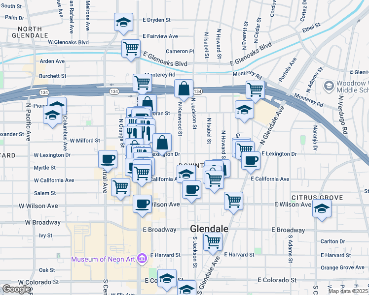 map of restaurants, bars, coffee shops, grocery stores, and more near 412 North Kenwood Street in Glendale