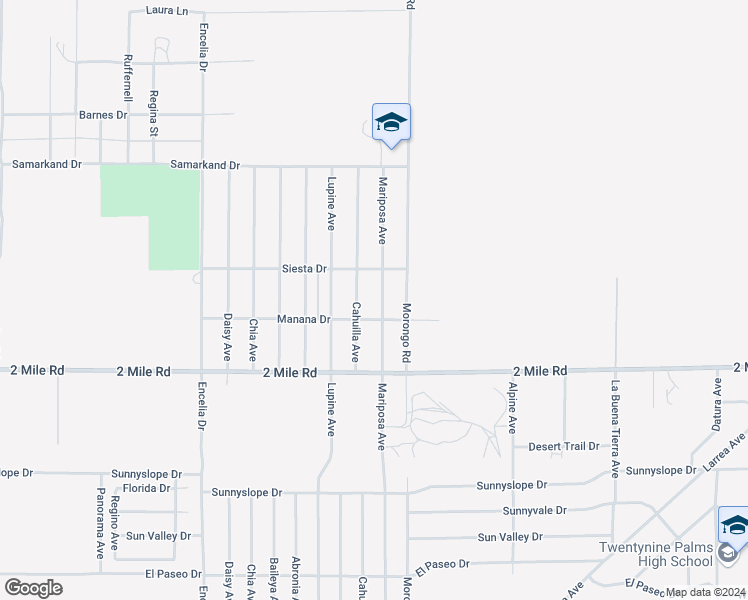 map of restaurants, bars, coffee shops, grocery stores, and more near 5564 Mariposa Avenue in Twentynine Palms