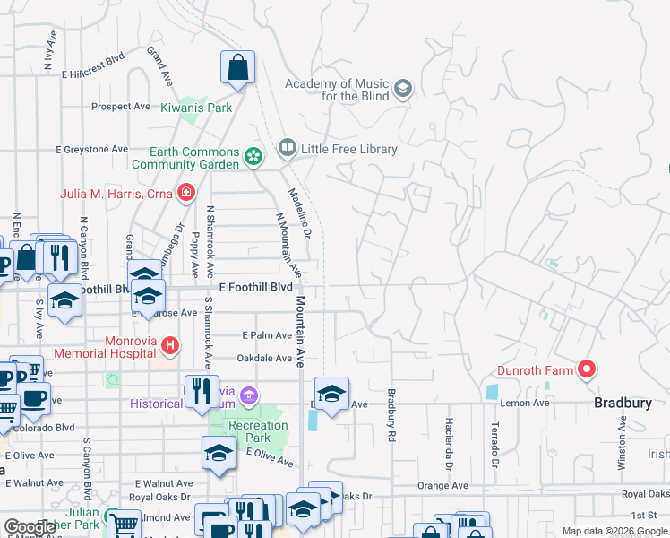 map of restaurants, bars, coffee shops, grocery stores, and more near 11 Deodar Lane in Bradbury
