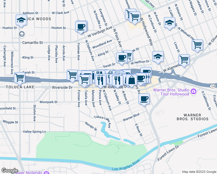 map of restaurants, bars, coffee shops, grocery stores, and more near 4444 Riverside Drive in Burbank