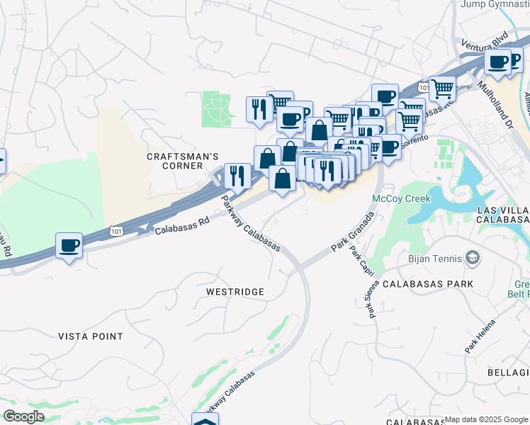map of restaurants, bars, coffee shops, grocery stores, and more near 24025 Park Sorrento in Calabasas