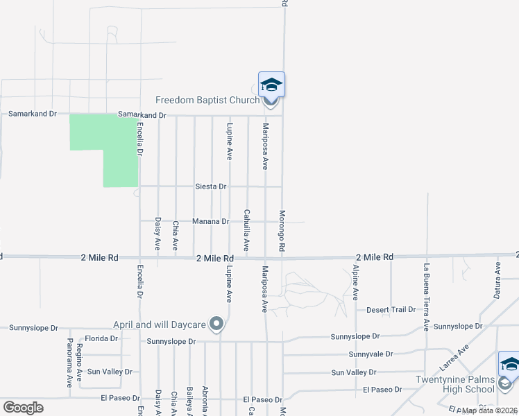 map of restaurants, bars, coffee shops, grocery stores, and more near 5564 Mariposa Avenue in Twentynine Palms
