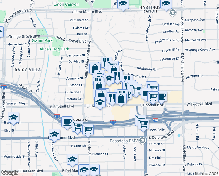 map of restaurants, bars, coffee shops, grocery stores, and more near 324 North Halstead Street in Pasadena