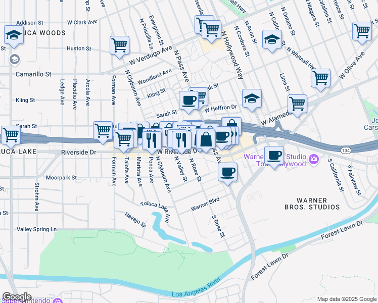 map of restaurants, bars, coffee shops, grocery stores, and more near Riverside Dr & N Rose St in Burbank