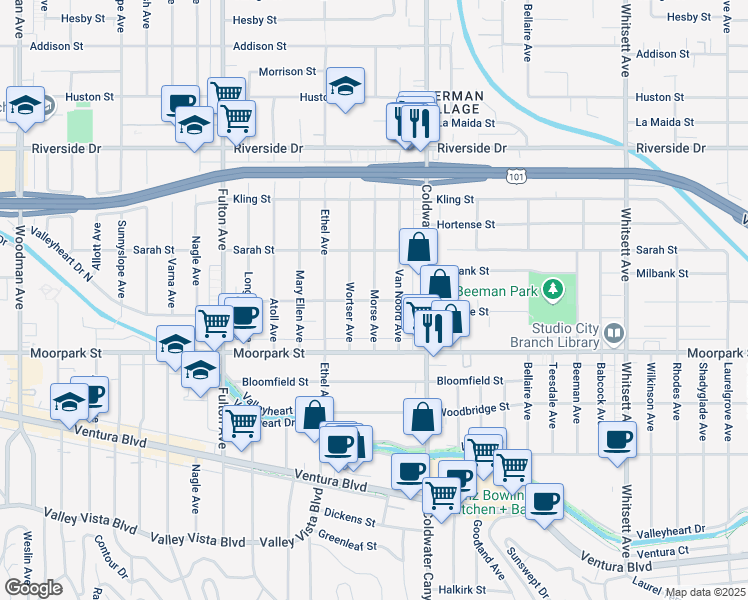 map of restaurants, bars, coffee shops, grocery stores, and more near 4620 Morse Avenue in Los Angeles