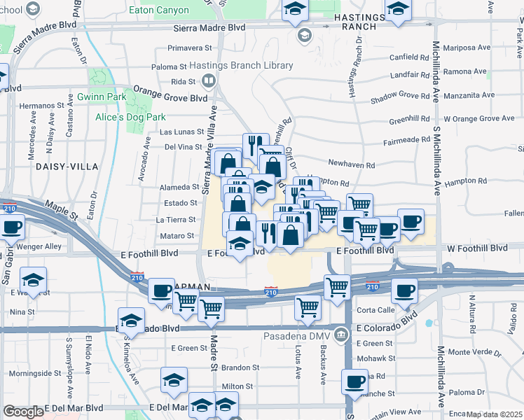 map of restaurants, bars, coffee shops, grocery stores, and more near 324 North Halstead Street in Pasadena