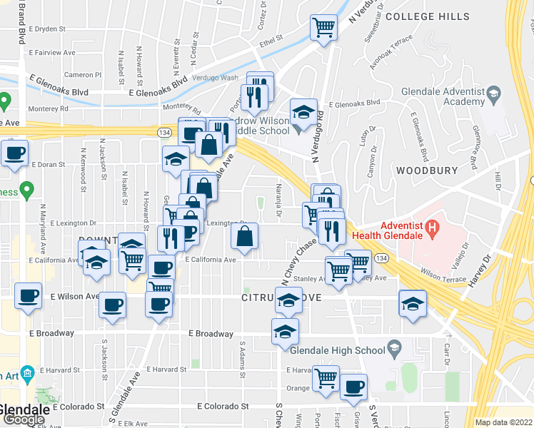 map of restaurants, bars, coffee shops, grocery stores, and more near 400 Piedmont Avenue in Glendale