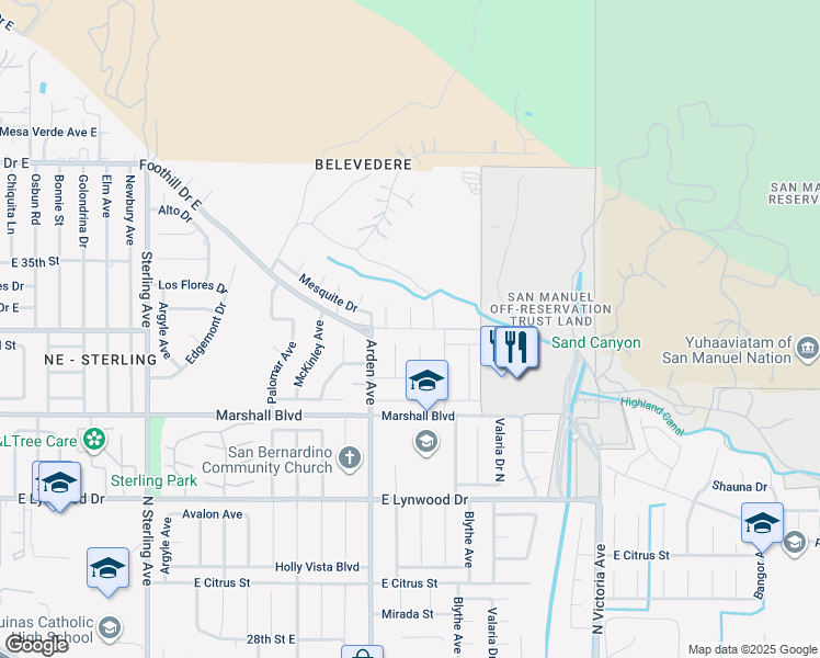 map of restaurants, bars, coffee shops, grocery stores, and more near 4040 East Piedmont Drive in San Bernardino