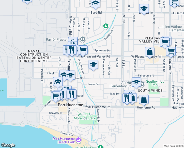 map of restaurants, bars, coffee shops, grocery stores, and more near 433 Jerry Drive in Port Hueneme