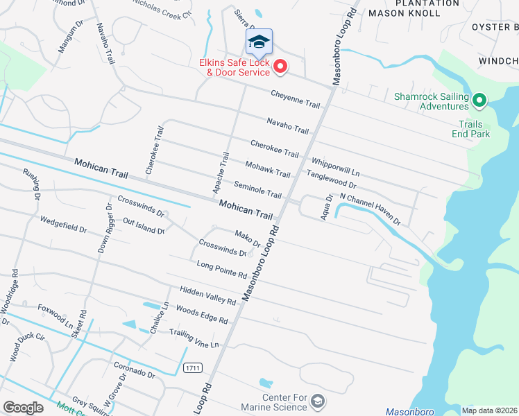 map of restaurants, bars, coffee shops, grocery stores, and more near 114 Mohican Trail in Wilmington