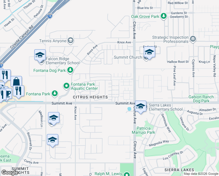 map of restaurants, bars, coffee shops, grocery stores, and more near 5602 Kate Way in Fontana