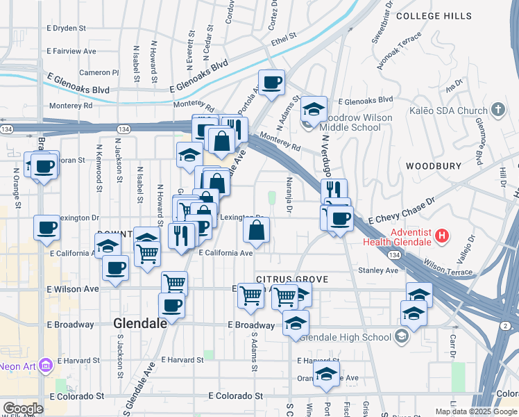 map of restaurants, bars, coffee shops, grocery stores, and more near 410 North Adams Street in Glendale