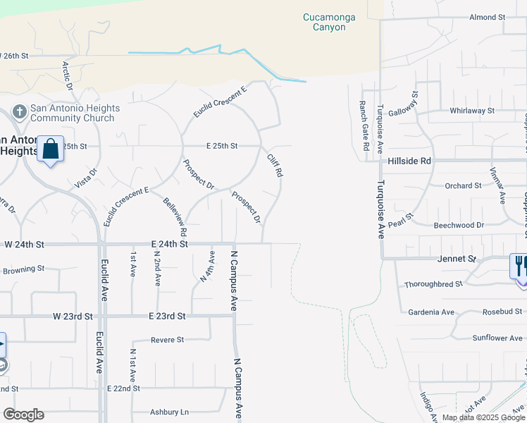 map of restaurants, bars, coffee shops, grocery stores, and more near 2421 Cliff Road in Upland