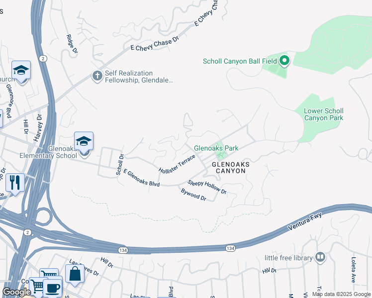 map of restaurants, bars, coffee shops, grocery stores, and more near 455 Edwards Place in Glendale