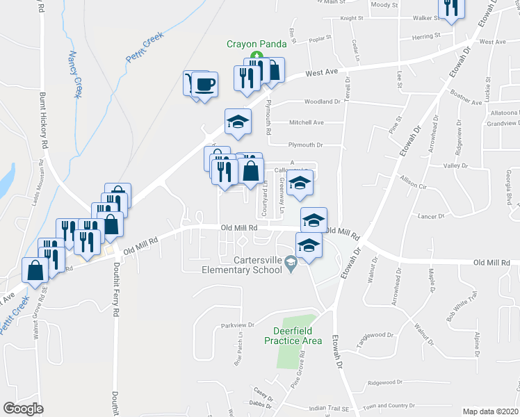 map of restaurants, bars, coffee shops, grocery stores, and more near 14 Courtyard Lane in Cartersville