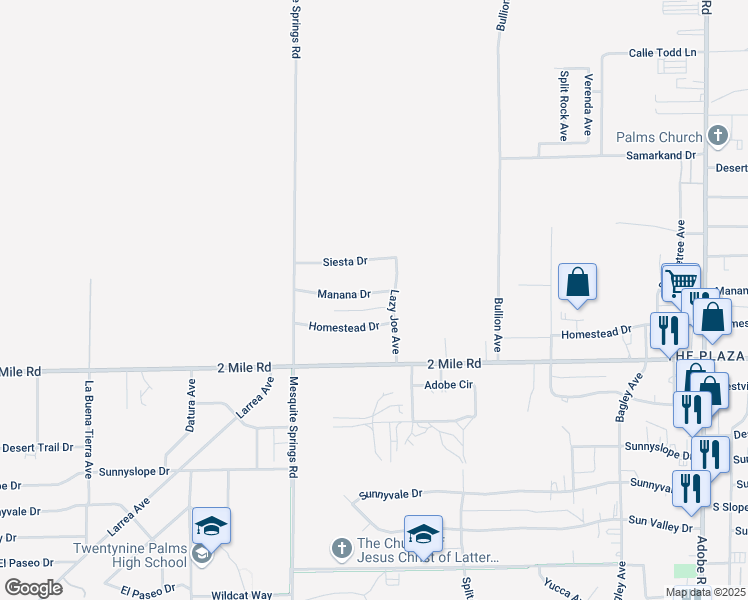 map of restaurants, bars, coffee shops, grocery stores, and more near 73047 Manana Drive in Twentynine Palms