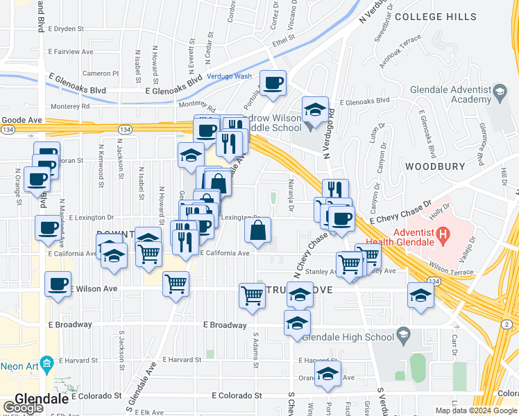 map of restaurants, bars, coffee shops, grocery stores, and more near 410 North Adams Street in Glendale