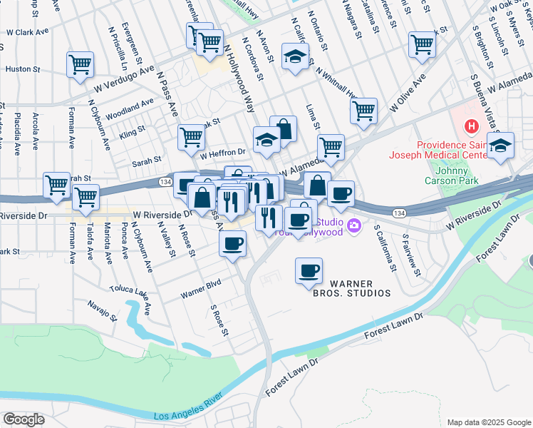map of restaurants, bars, coffee shops, grocery stores, and more near 123 North Screenland Drive in Burbank