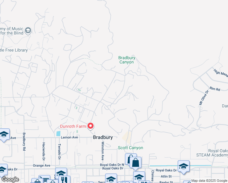 map of restaurants, bars, coffee shops, grocery stores, and more near 99 Bliss Canyon Road in Bradbury