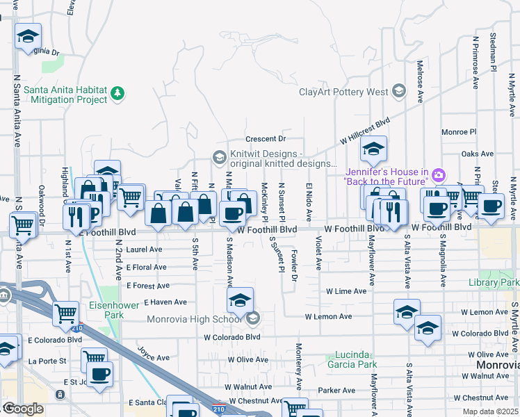 map of restaurants, bars, coffee shops, grocery stores, and more near 122 North Garfield Place in Monrovia