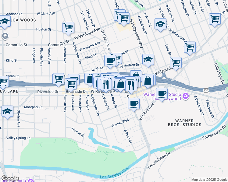 map of restaurants, bars, coffee shops, grocery stores, and more near West Riverside Drive in Burbank