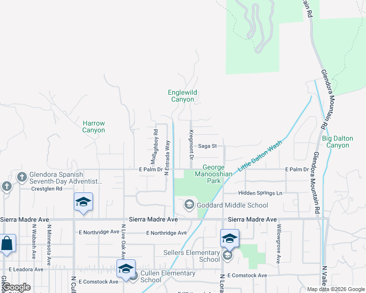 map of restaurants, bars, coffee shops, grocery stores, and more near 1004 Saga Street in Glendora