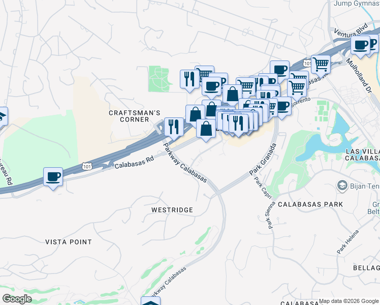 map of restaurants, bars, coffee shops, grocery stores, and more near 24025 Park Sorrento in Calabasas