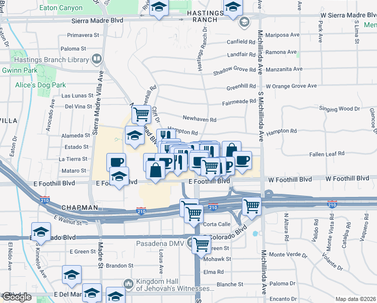 map of restaurants, bars, coffee shops, grocery stores, and more near 355 Cliff Drive in Pasadena