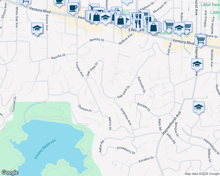 map of restaurants, bars, coffee shops, grocery stores, and more near 4437 Balboa Avenue in Los Angeles