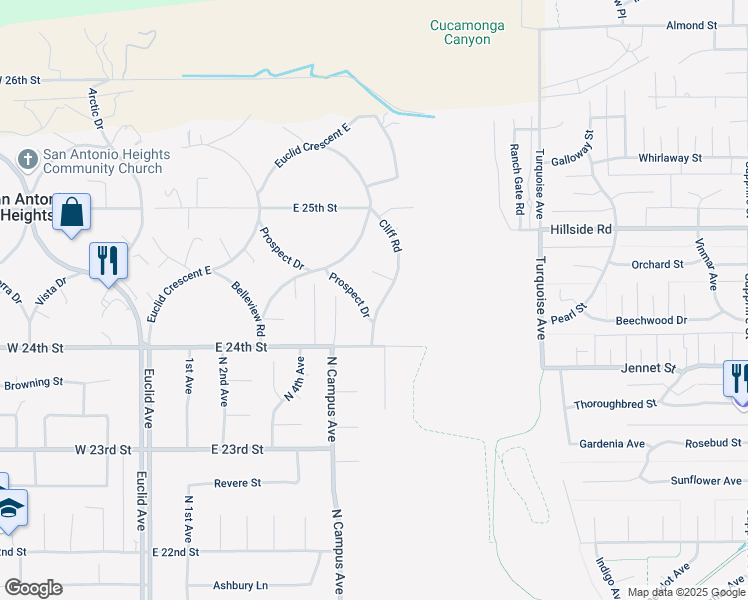 map of restaurants, bars, coffee shops, grocery stores, and more near 2421 Cliff Road in Upland