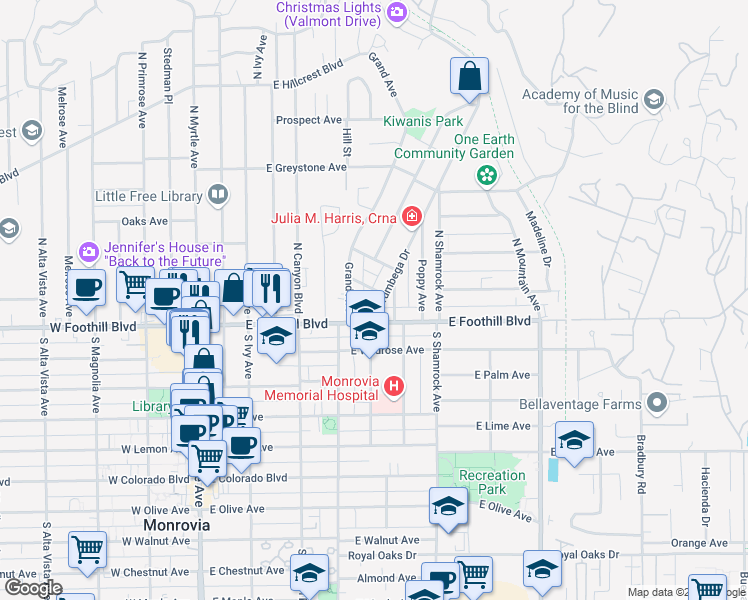 map of restaurants, bars, coffee shops, grocery stores, and more near 119 Norumbega Drive in Monrovia